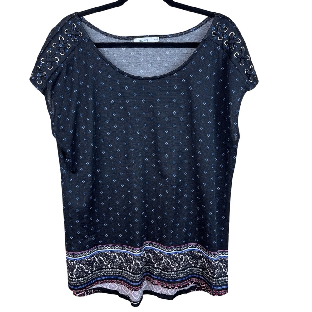 Ricki's Black and Blue Floral Top, Laced Up Shoulder XL